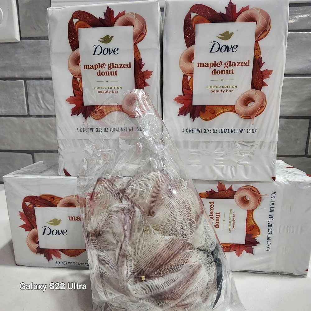 Dove Maple Glazed Donut Bar Soap. Four Sets of 4. Includes mesh Body Pouf